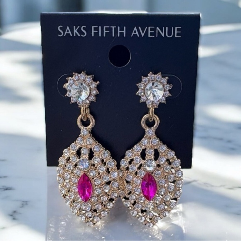 3/$40 Saks Fifth Avenue Fuchsia & Gold Crystal Dangle Earrings
